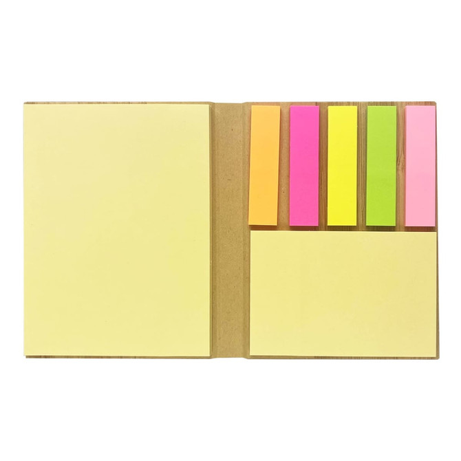 A bamboo sticky note set featuring yellow, pink, orange, green, and neon sticky flags, arranged in a light brown holder.