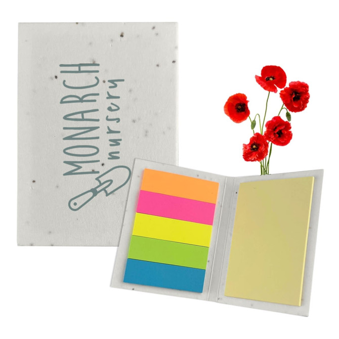 A sticky note pad with a speckled cover featuring a logo, containing colourful sticky notes in pink, orange, green, and yellow.