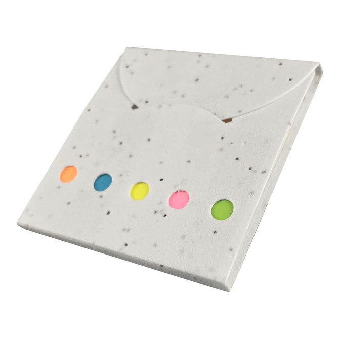 A sticky note pad in a speckled white case with five vibrant tabs in orange, blue, pink, yellow, and green.
