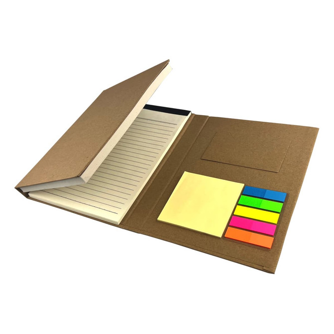 A stationery set featuring a brown cover notebook, sticky notes, and colourful page markers. Includes a branding logo.
