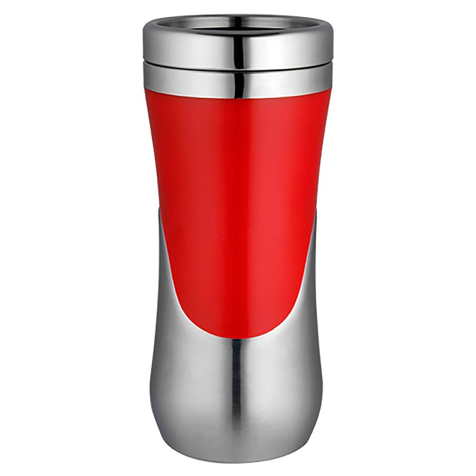 A travel mug featuring a red and stainless steel design, with a sleek and modern shape. It has a logo on the surface.