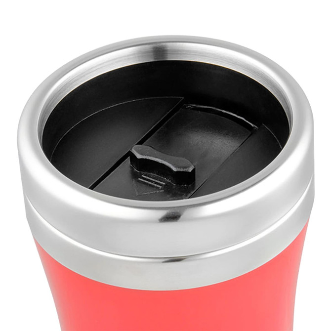 A travel mug with a red body and a stainless steel rim, featuring a black sliding lid.