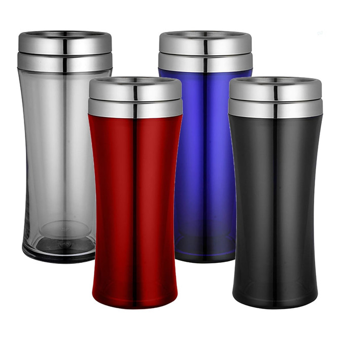 A drink bottle set featuring four travel mugs in clear, red, blue, and black with silver lids and a logo.