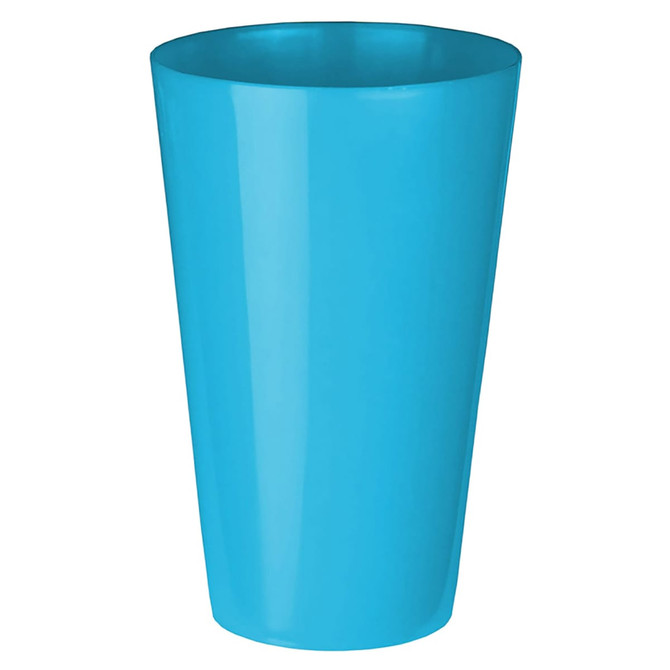 A blue plastic cup with a smooth finish and a simple design, featuring a logo.