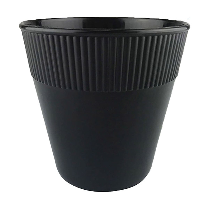 A black plastic cup with ribbed texture, designed for drinks. Features a simple, modern shape and has a logo.