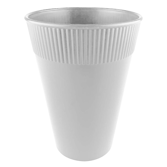 A white plastic cup with ribbed texture, 12oz capacity, featuring a logo. Ideal for casual drinks and events.