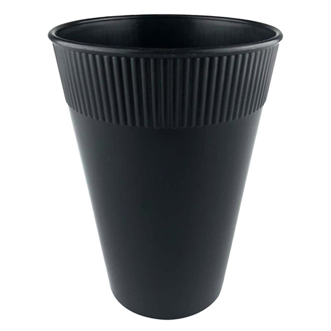 A black plastic cup with a ribbed design, holding 12oz of liquid. The cup features a logo.