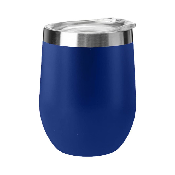 A blue travel mug with a stainless steel lid, featuring a sleek design and a smooth finish.