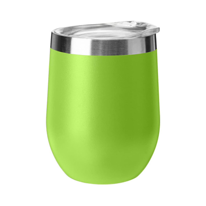 A green travel mug with a stainless steel lid, suitable for wine or coffee, featuring a sleek design.