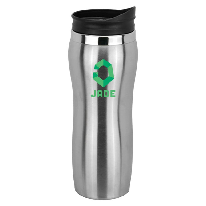 A stainless steel travel mug with a black lid and a green logo. Ideal for carrying beverages.