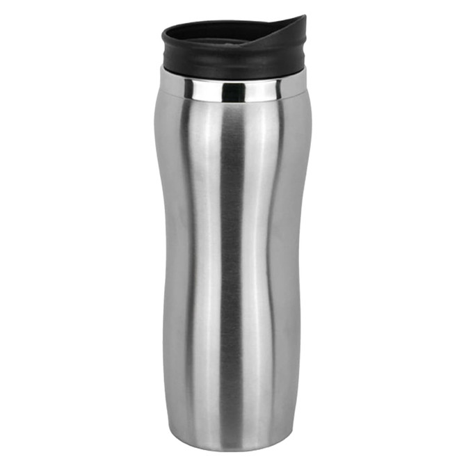 A stainless steel travel mug with a black lid, featuring a sleek, curved design.