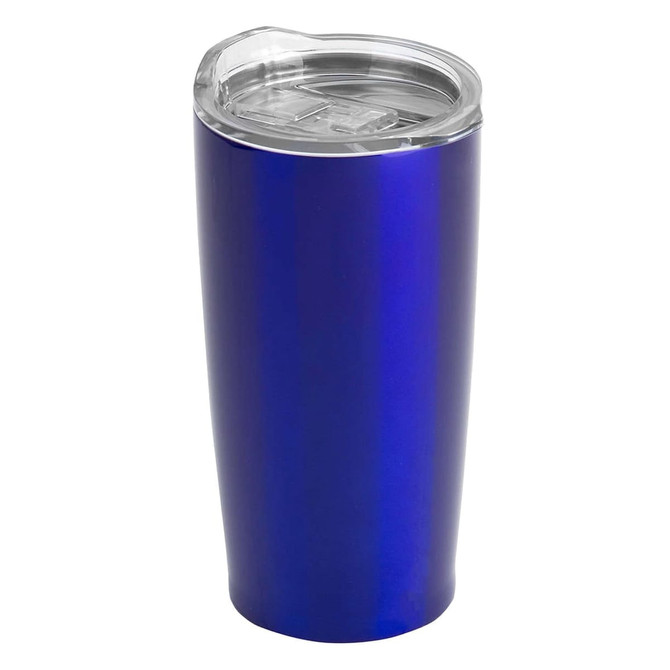 A travel mug in a glossy royal blue finish, featuring a clear lid and a sleek cylindrical design.