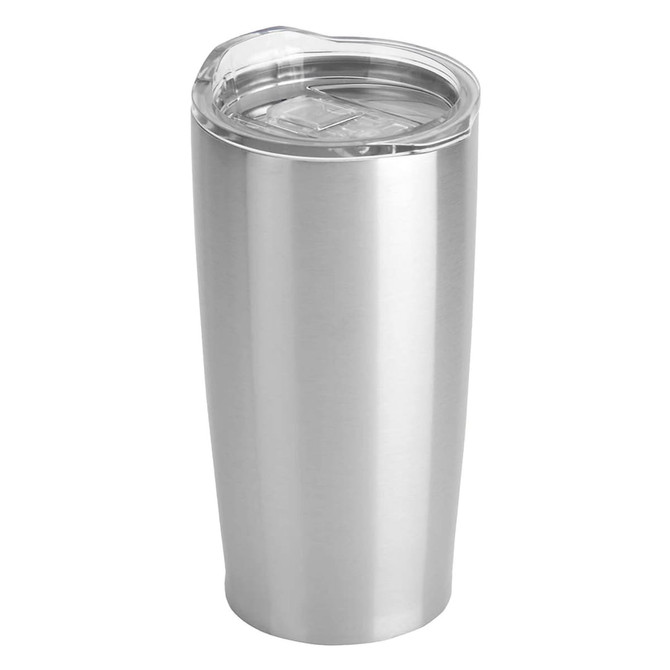 A stainless steel travel mug with a clear lid and sleek design. It features a logo on the side.