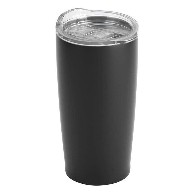 A travel mug in matte black with a clear lid and a sleek design. Features a logo.