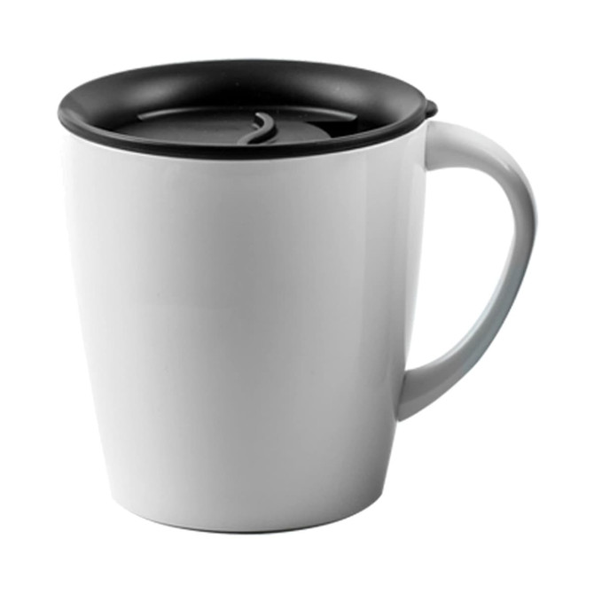 A white coffee mug with a black lid and handle, featuring a simple design and a logo.