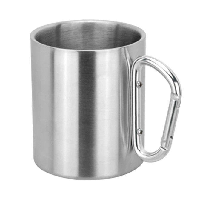 A stainless steel coffee mug with a silver finish and a carabiner-style handle. Includes a branding logo.