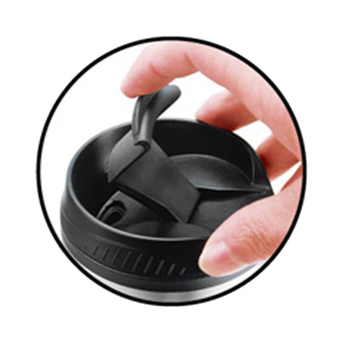 A travel mug lid with a black handle and integrated sipping mechanism, featuring a sleek design and branding.