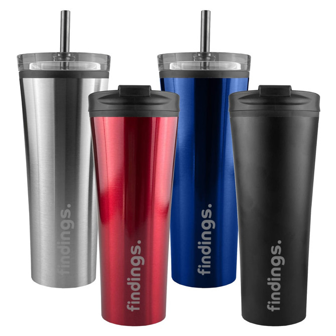 A collection of travel mugs in silver, red, blue, and black, each featuring a clear lid and a logo.