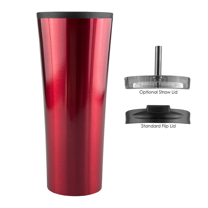 A travel mug in shiny red with a standard flip lid and an optional straw lid. Features a logo on the front.