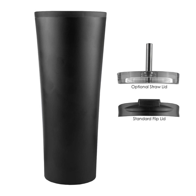 A travel mug in matte black with a standard flip lid and an optional straw lid. Includes a logo on the design.