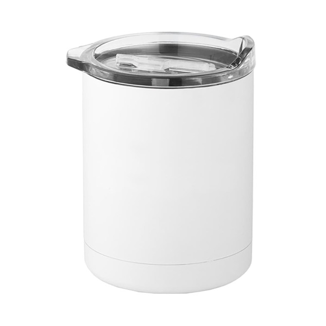 A white coffee mug with a clear lid, featuring a cylindrical design and a sleek finish.