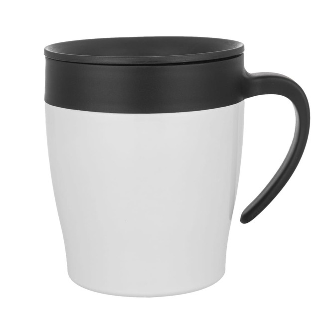A coffee mug with a white body and a black lid and handle, featuring a logo.