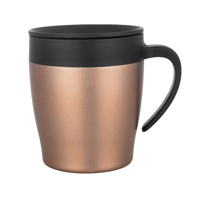 A coffee mug with a metallic rose gold finish and a black lid and handle. It features a sleek, modern design.
