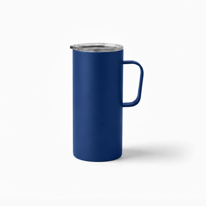 A blue travel mug with a handle and a clear lid, featuring a simple design and a sleek finish.
