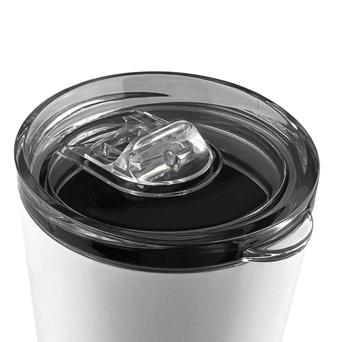 A white coffee mug with a clear lid, featuring a sliding opening for easy sipping and a smooth finish.