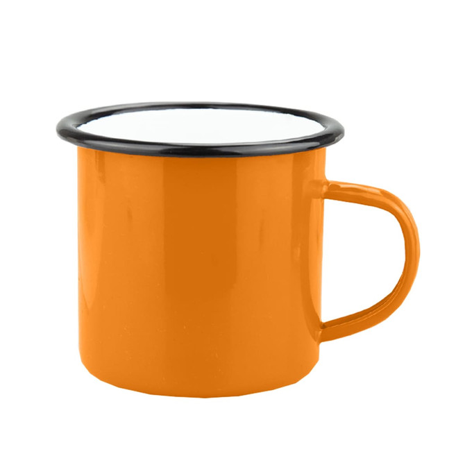 An orange enamel camper mug with a black rim and a handle. It features a logo or branding.