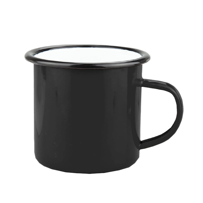 A black enamel camper mug with a white interior and a sturdy handle. It features a simple design and has branding.