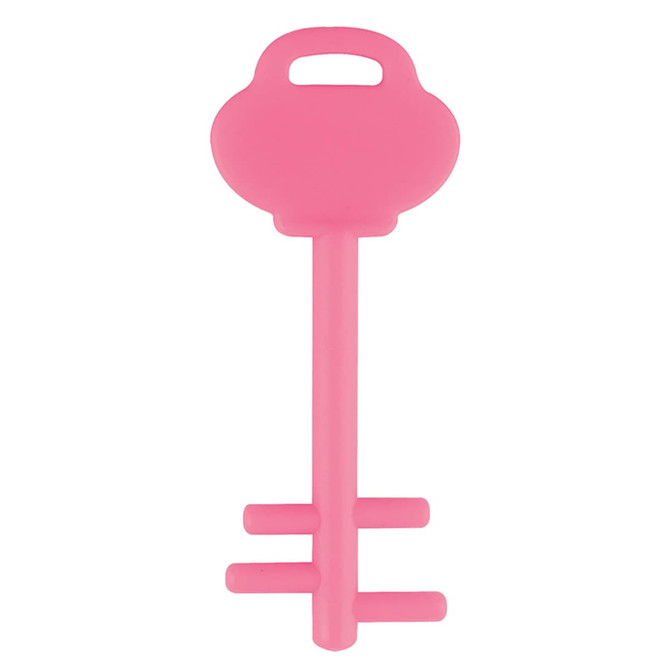 A pink mobile key stand shaped like a key, featuring a handle and a base with two prongs.