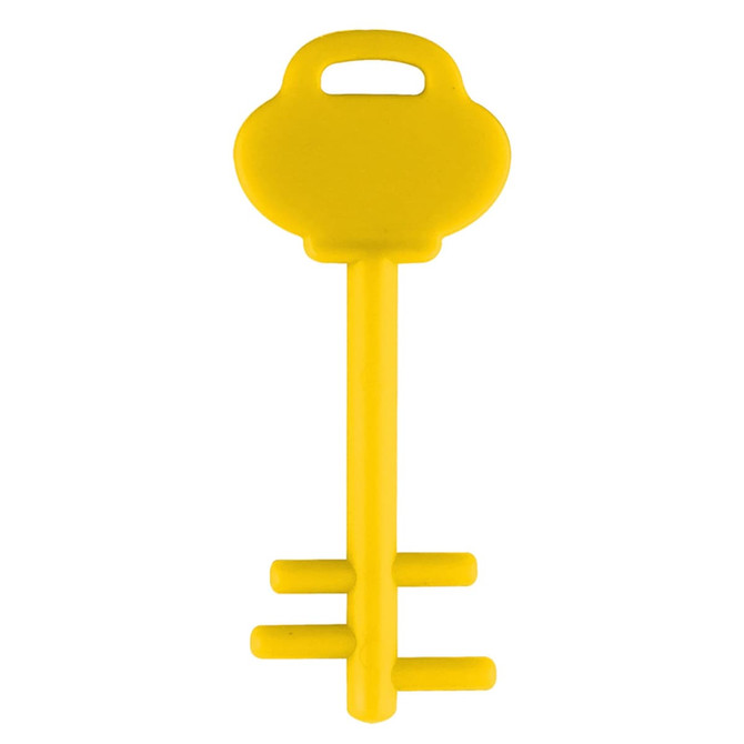 A yellow key-shaped mobile phone stand with a handle and a sturdy base. It features a logo.