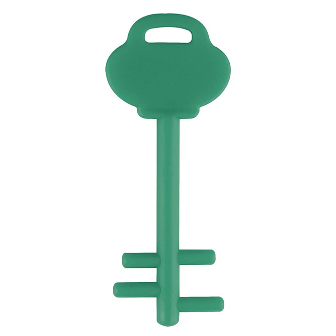A green mobile key stand with a key-shaped design and a handle. It features multiple prongs for phone support.
