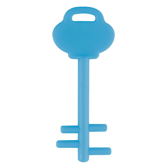 A blue mobile key stand in the shape of a key, designed for holding phones. It features a branding logo.