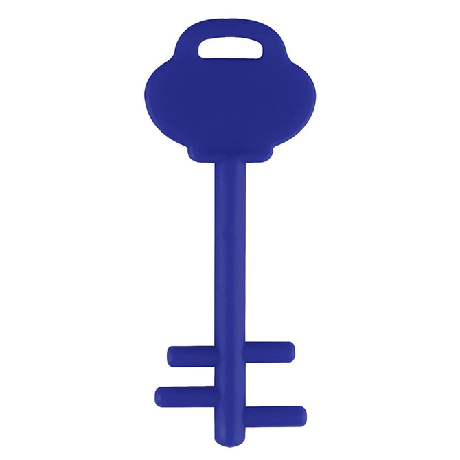 A blue mobile key stand shaped like a key, with a handle and a sturdy base for support.