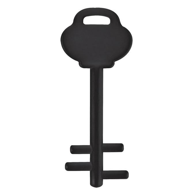 A black mobile key stand with a key shape design and a handle for easy grip.