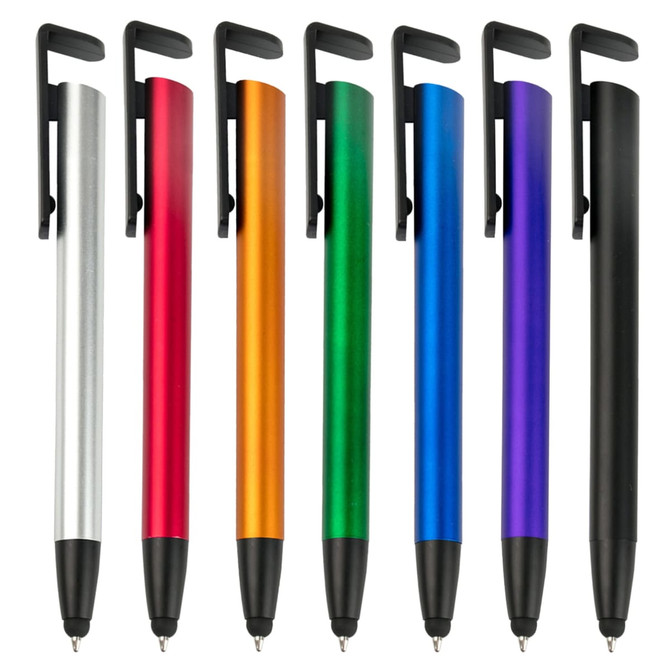 A collection of seven stylus pens in silver, red, orange, green, blue, purple, and black, each with a clip and rubber tip.