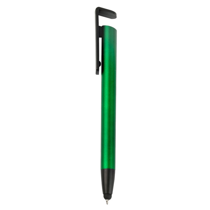 A green stylus pen with a black clip and tip. It features a smooth, glossy finish.
