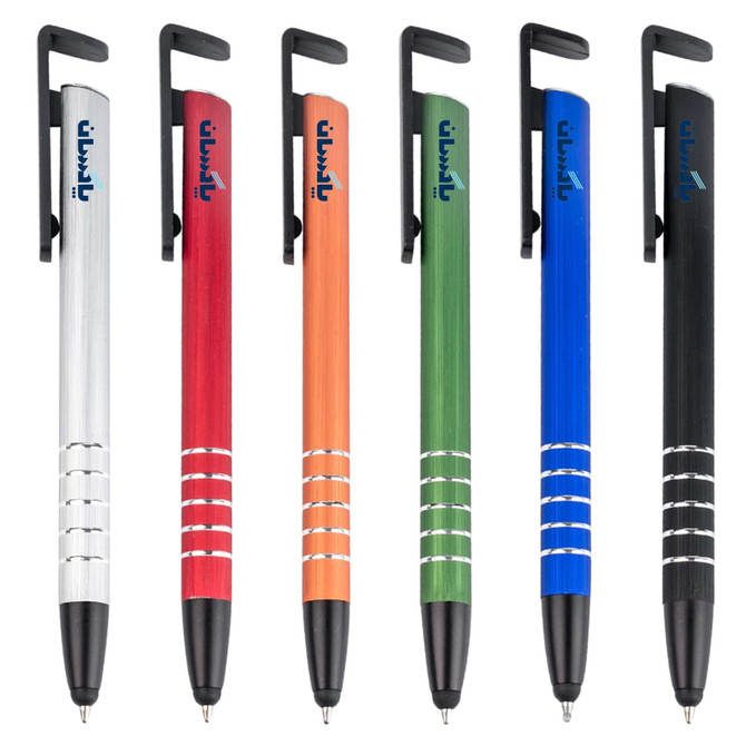 A collection of six stylus pens in silver, red, orange, green, blue, and black, each featuring a clip and branding.