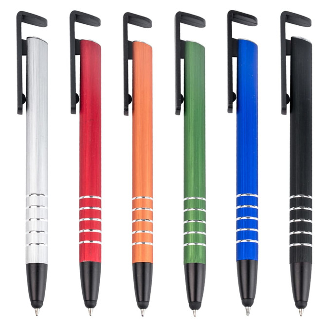 A selection of metal stylus pens in silver, red, orange, green, blue, and black, featuring a stylish design.