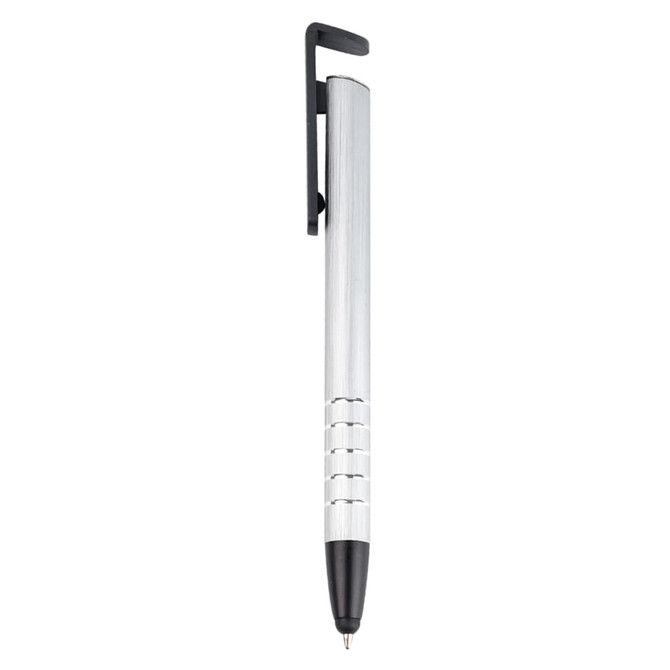 A stylus pen with a sleek silver barrel and black accents, including a clip and a rubber tip.