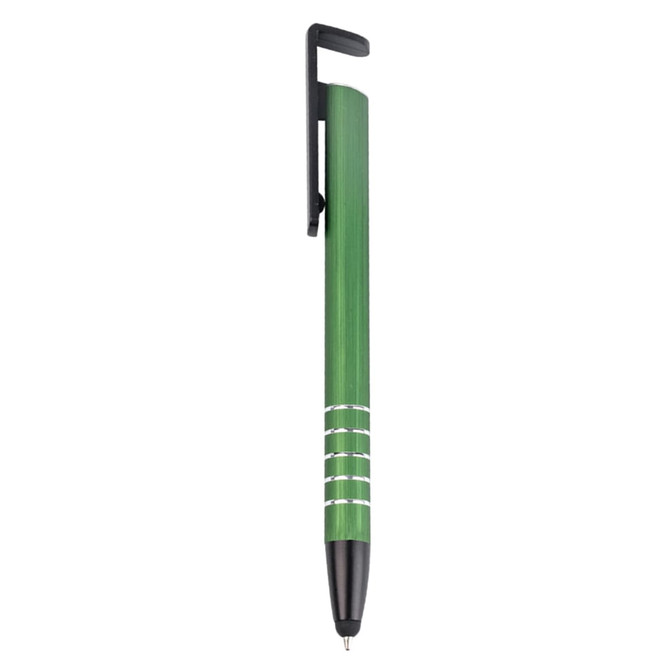 A green metal stylus pen with a clip and decorative white lines, featuring branding on the body.