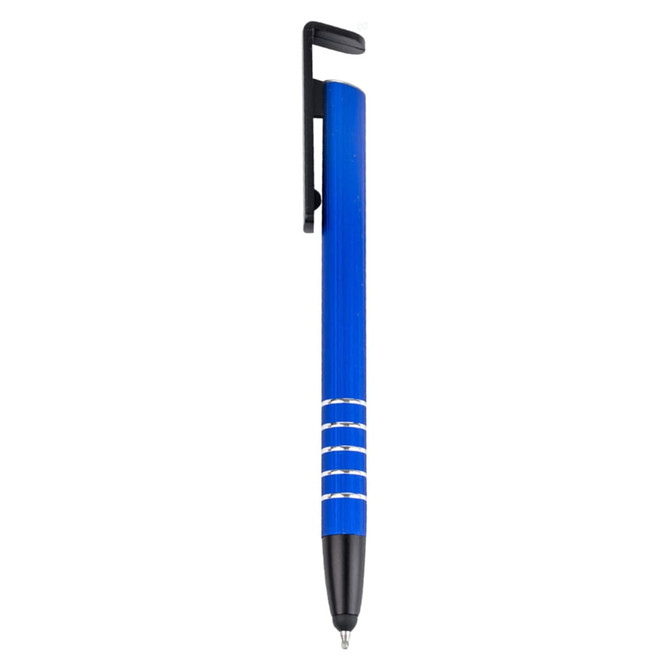 A blue stylus pen with a black clip and decorative white rings on the barrel, featuring a logo.