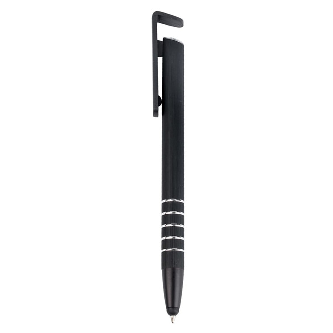 A black stylus pen with a sleek design and silver detailing, featuring a clip for easy attachment.