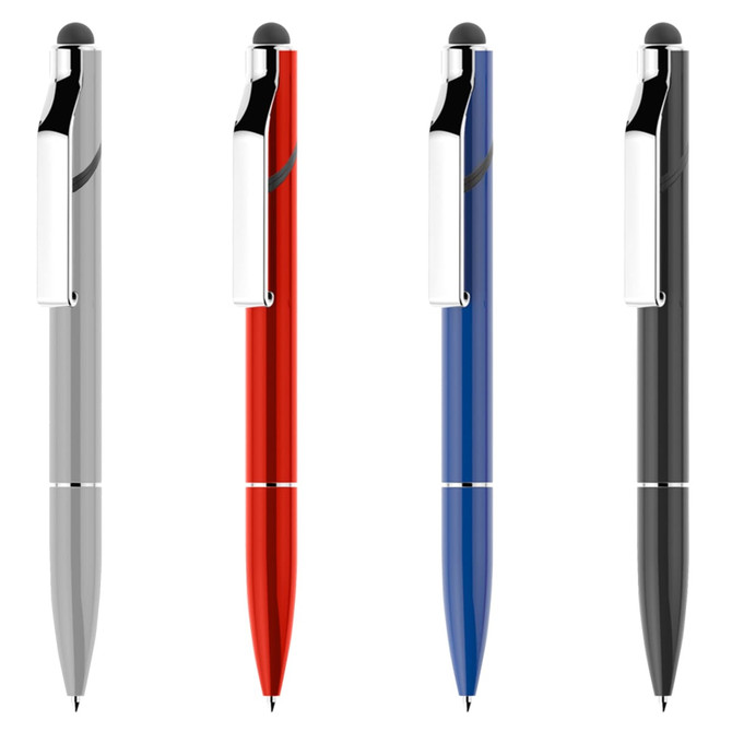 A collection of four stylus pens in grey, red, blue, and black, each featuring a shiny clip and a logo.