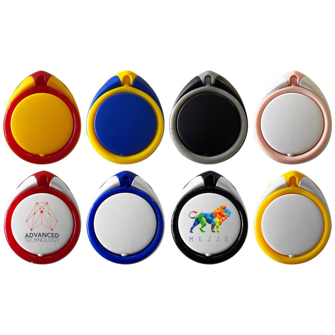 A collection of eight I-Stand Rings in various colours, featuring round bases and compact designs, with logos on some.