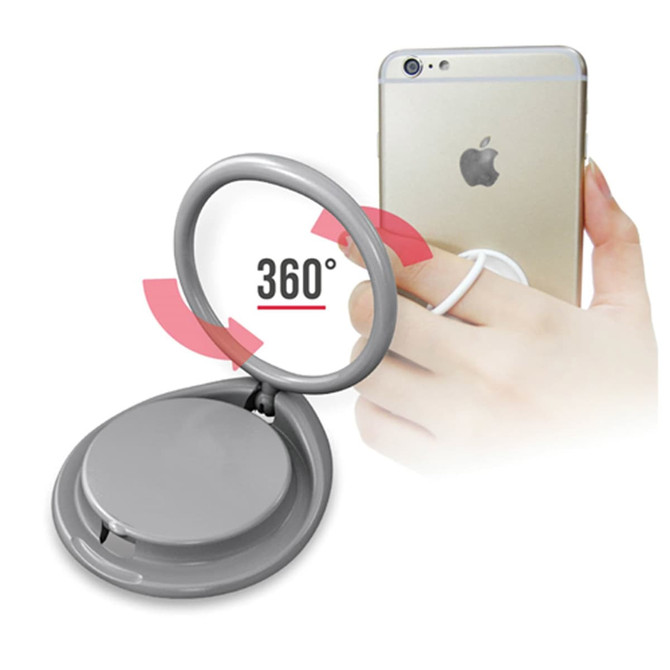 A grey ring phone stand, attached to a smartphone, allows for 360° rotation for easy handling.