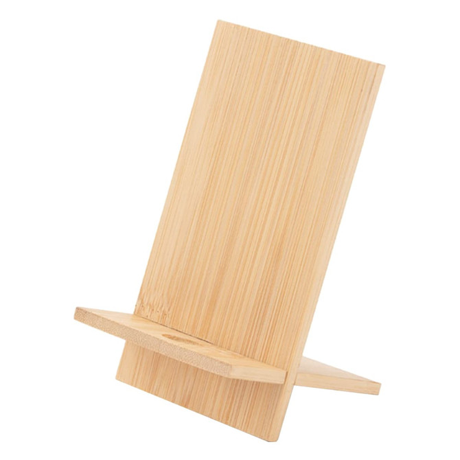 A bamboo phone holder with a sleek, minimalist design and a natural finish, featuring a sturdy stand for devices.