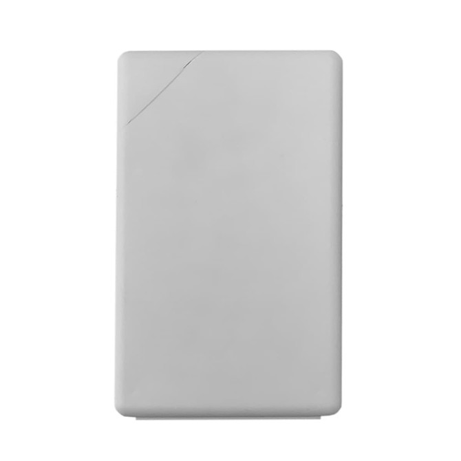 A white rectangular card with rounded edges, featuring a slight diagonal line on one side. It also has a branding logo.
